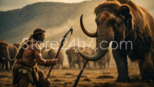 Ancient Warrior Facing Mammoth Herd at Dawn