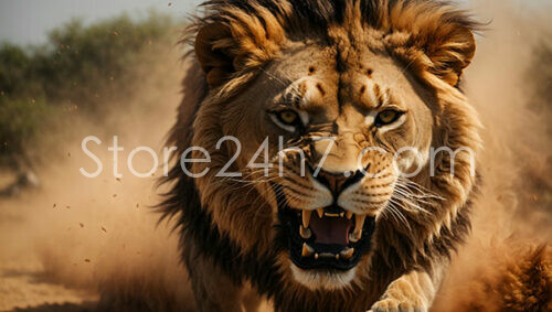 Lion Roaring Fiercely in Dust Storm