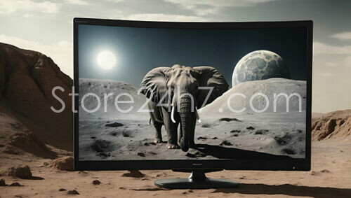 Surreal Elephant, Moon, Earth, on Screen Illusion