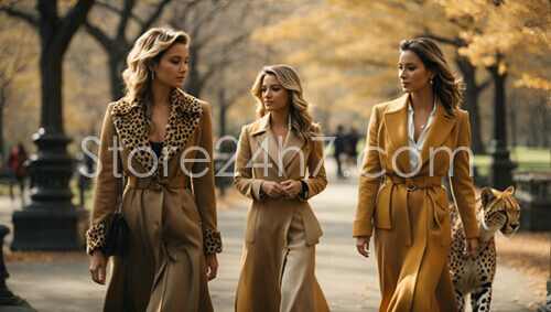 Ladies in Trench Coats Walking with Cheetah