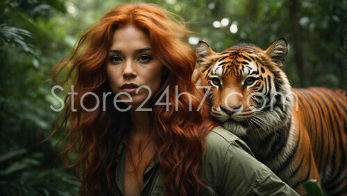 Red-Haired Woman with Tiger in Lush Forest