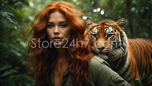 Red-Haired Woman with Tiger in Lush Forest