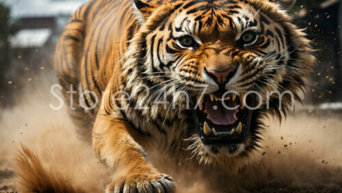 Tiger Snarling Amidst a Cloud of Dust