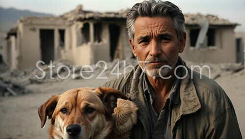 Man and Dog Standing Before Ruins of Home