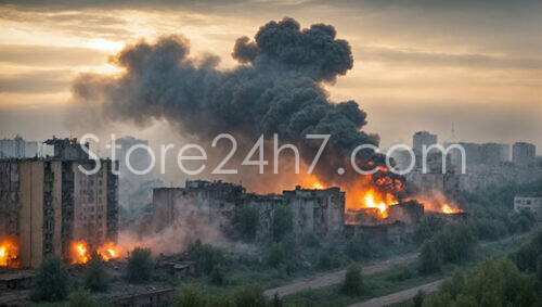 Apocalyptic Cityscape Fire Smoke Ruins