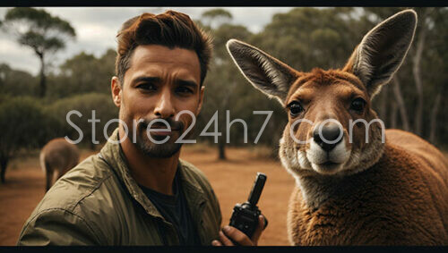 Man with Walkie-Talkie Poses with Australian Kangaroo