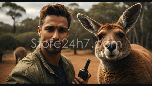 Man with Walkie-Talkie Poses with Australian Kangaroo