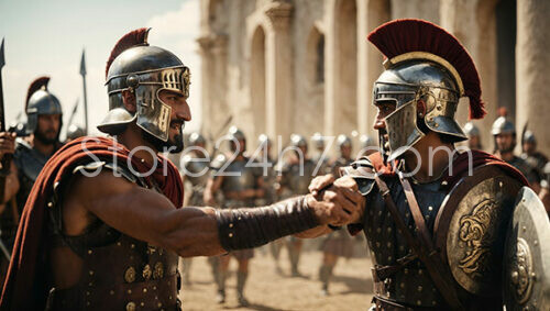 Ancient warriors exchanging greetings before the start of battle