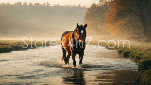 Serene Horse Wading Morning River