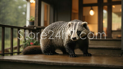Badger Visits Wooden Porch
