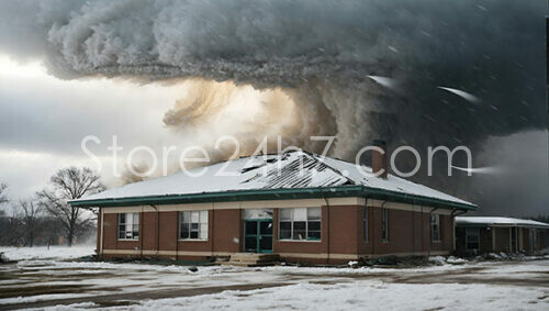 Tornado Damage School Winter Scene
