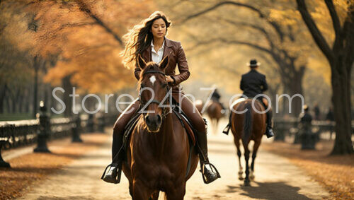 Woman horseback riding in fall Central Park scene