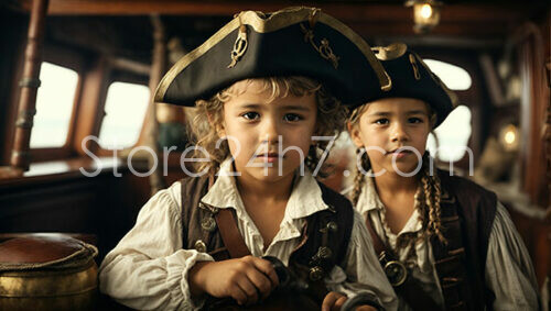 Young Children Dressed as Pirates Aboard Wooden Ship
