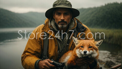 Explorer with Fox Captures Nature's Essence Lakeside