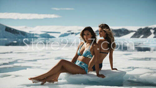 Sunbathing Models on Icy Terrain Amidst Snowy Mountains