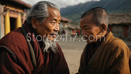 Monks Conversing in Himalayan Village