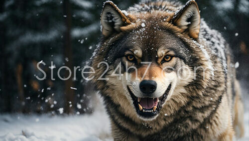 Winter Wolf Baring Teeth in the Snow