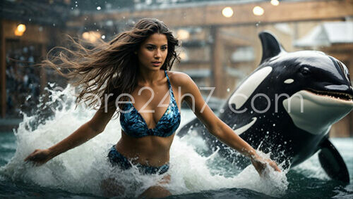 Woman in Swimsuit Playing with Orca in Water
