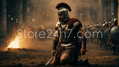 Kneeling Roman soldier contemplates amidst smoldering battlefield