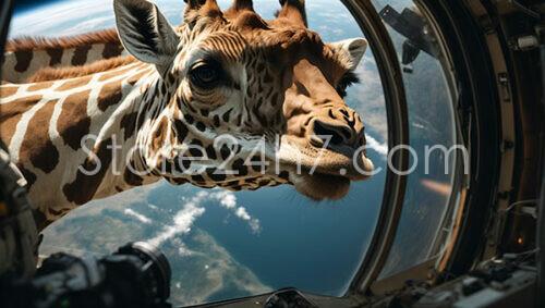 Giraffe Peers Curiously Through Spacecraft Window