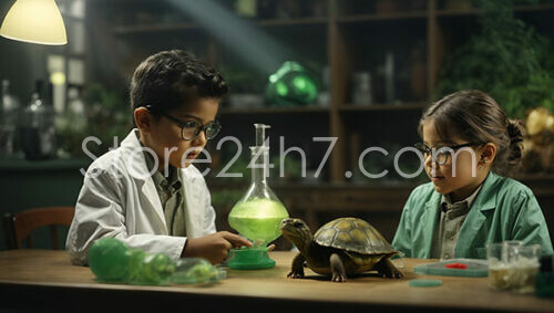 Young Scientists Engaging Turtle in Home Laboratory Experiment