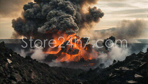 Erupting Volcano Amidst Rugged Terrain