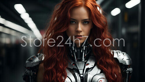 Red-Haired Cyborg in Futuristic Subway