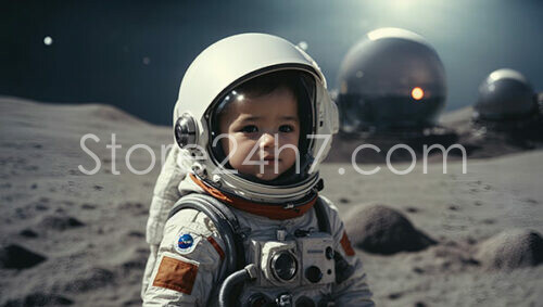Toddler Astronaut Explores Lunar Surface Near Habitat Domes