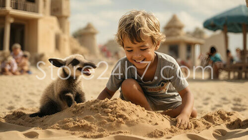 Joyful Interaction Between Boy and Anteater on Sandy Beach
