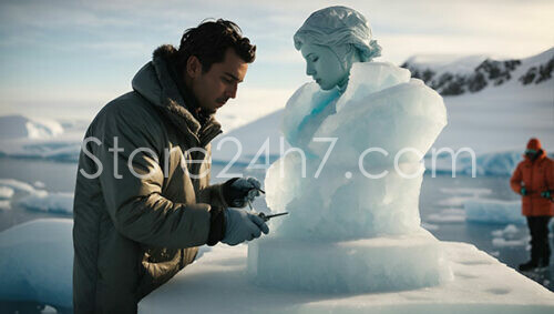 Sculptor Carves Ice Statue in Snowy Antarctic Setting