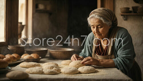 Traditional bread baking by an elderly woman in the kitchen