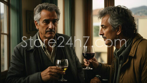 Reflective Encounter Between Two Identical Men with Wine
