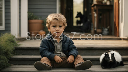 Curious Child and Skunk Encounter on Wooden Porch