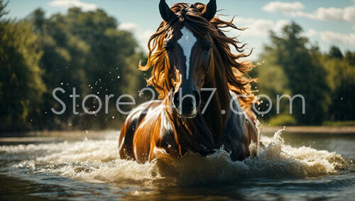 Chestnut Horse Charging Through the River
