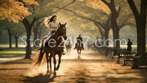 Equestrian Autumn Ride in Park with Golden Foliage