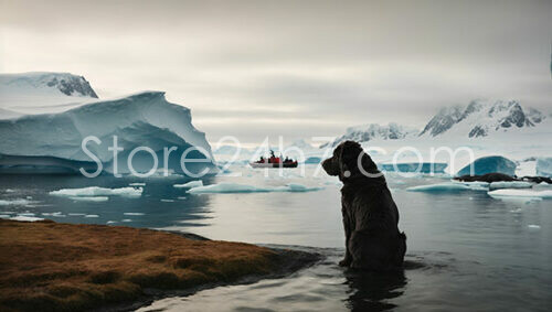 Dog Watching Ship Amidst Icebergs