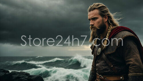 Viking Warrior Standing Against Stormy Seascape Horizon