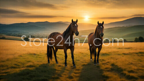 Sunrise Horses in Misty Fields