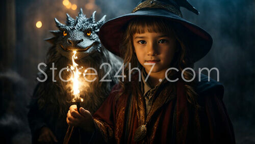 Young Witch Apprentice with Dragon Companion Holds Torch
