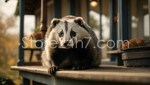 Badger on Autumn Morning Porch