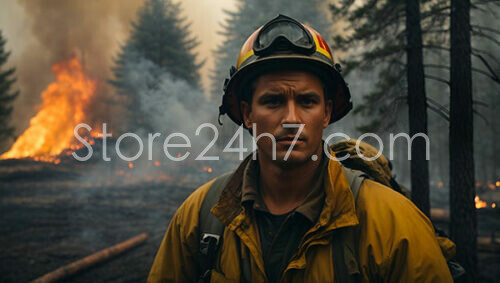 Firefighter Standing Resolute as Wildfire Rages Behind Him
