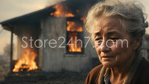 Elderly Woman's Despair at Her Burning Home Background