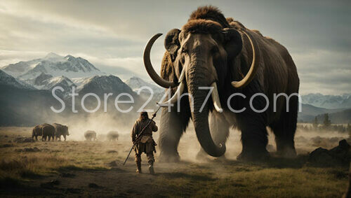 Majestic Mammoth and Hunter in Prehistoric Mountain Landscape