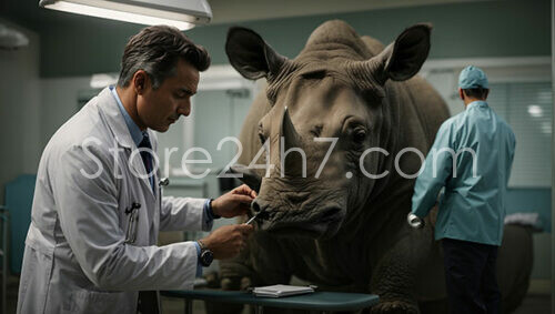 Veterinarian Performing a Medical Examination on a Rhino