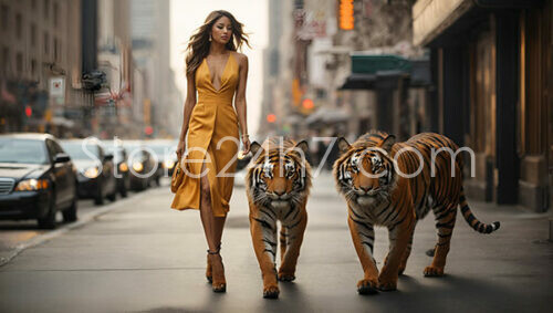 Fashionable woman walks with tigers in the city