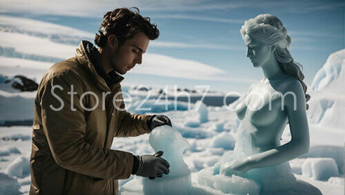 Artist Sculpting an Ice Maiden in a Frozen Landscape