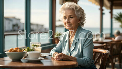 Elegant elderly woman dining by the sea at sunset