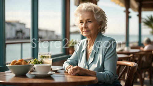 Elegant elderly woman dining by the sea at sunset