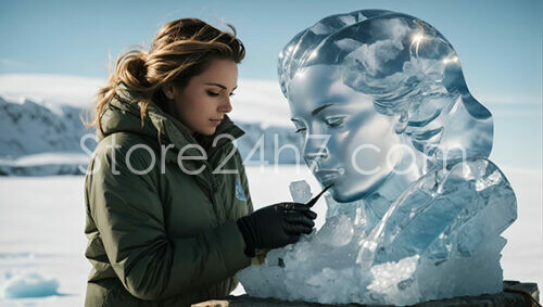 Artist Carving Ice Sculpture Portrait