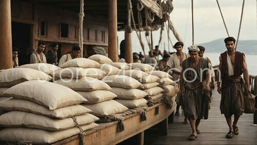 Ancient sailors loading supplies onto ship at dock